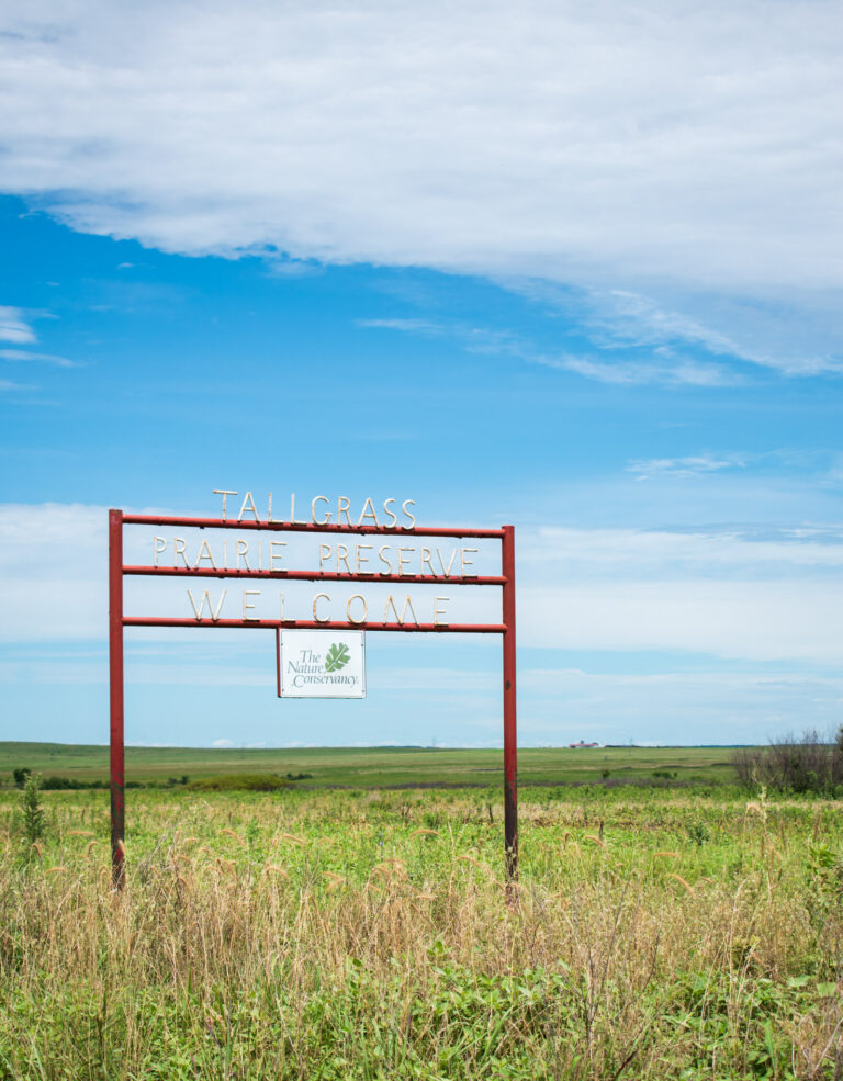 Tallgrass Prairie Preserve entrance sign welcomes visitors.