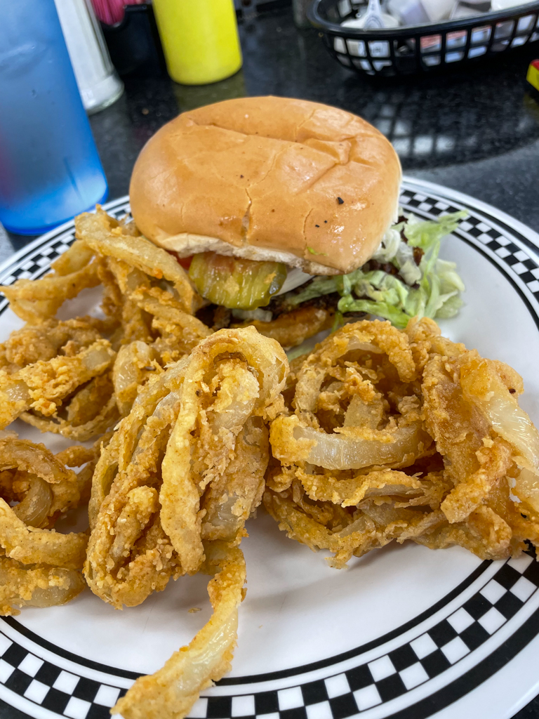 Nu Grille Burger and Onion Rings