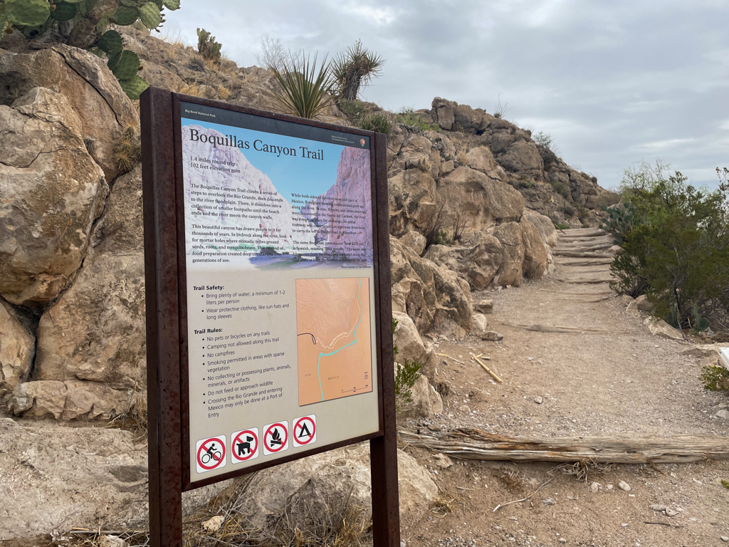 Boquillas Canyon Trailhead with sign and steps