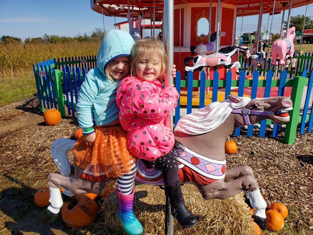 Two smiling girls in colorful jackets sit together on a carousel horse decorated with pink and white details. Pumpkins are scattered around the ride, and a bright blue fence surrounds the carousel in the background. Their cheerful expressions capture the fun of a fall festival outing.