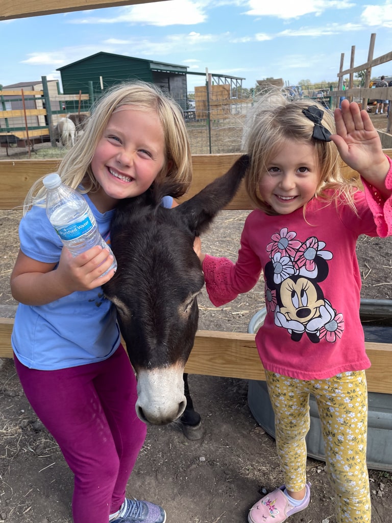 Two smiling young girls pose with a donkey, petting its head as it leans over the fence. One girl holds a water bottle while the other raises her hand playfully. The background shows fencing and farm buildings, giving the scene a cheerful petting zoo vibe.