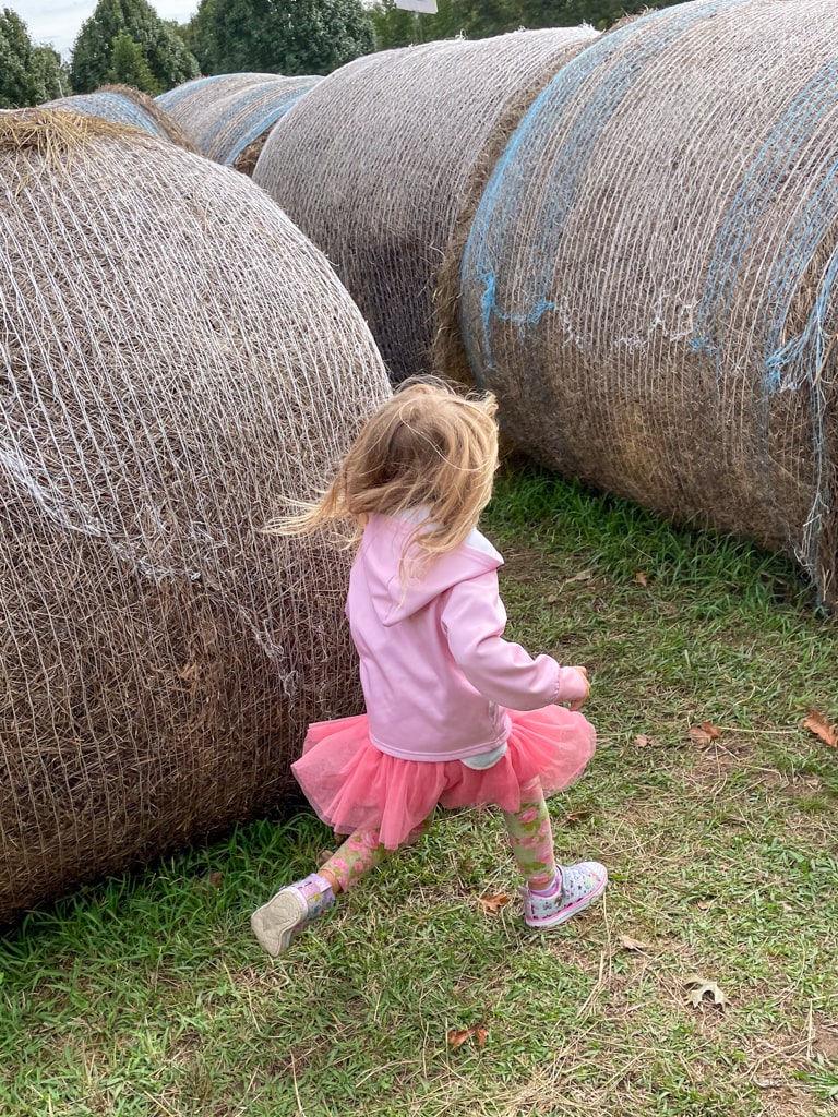 A young girl in a pink tutu, hoodie, and patterned leggings runs between large round hay bales. Her hair blows in the wind as she moves through the grassy path. The playful scene captures a fun fall farm adventure.