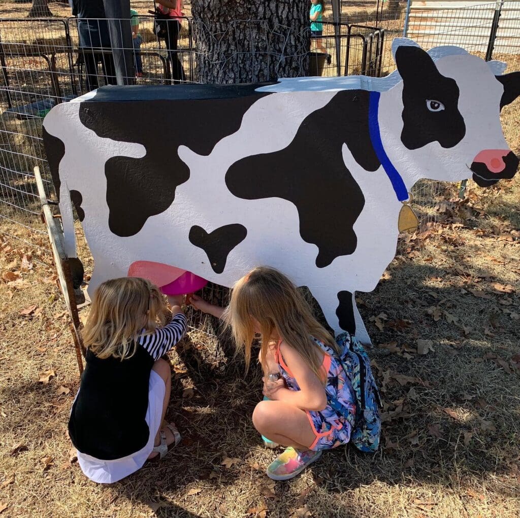 Two young girls crouch beside a life-size painted cow cutout, taking turns using the interactive pink udder at the Pumpkin Patch at Walnut Woods in Edmond. The activity offers a playful, hands-on experience teaching kids about farm life in a fun and engaging way.