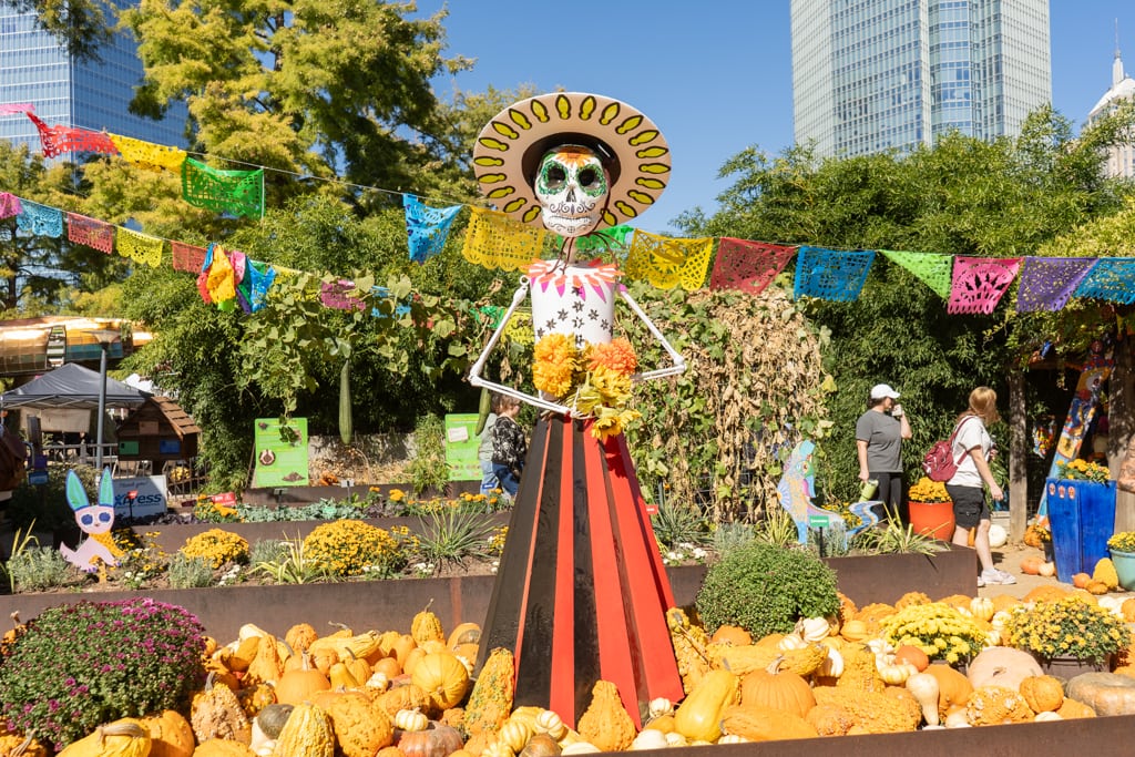 A tall Day of the Dead skeleton figure wearing a colorful hat and red-striped skirt stands among pumpkins and marigolds at Pumpkinville in Myriad Gardens. Bright papel picado banners hang above, with city buildings peeking through the trees in the background, creating a vibrant fusion of fall and cultural celebration in downtown Oklahoma City.