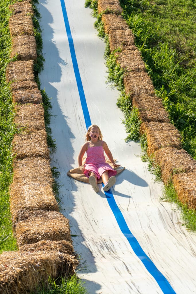 A young girl in a pink dress slides down a long outdoor slide lined with hay bales. The slide has a bright blue stripe down the center, and green grass grows along the sides. She smiles with her feet out in front, enjoying the ride.