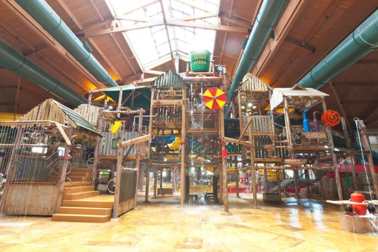 Water dripping on the indoor play fort structure at Great Wolf Lodge in Kansas City.