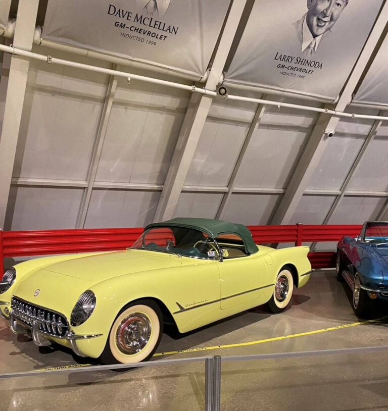 A retro yellow Corvette is one of the many cars you can see at the National Corvette Museum in Bowling Green, Kentucky.