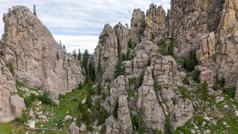 Image from the sky of the Cathedral Spires Rock Formations at Custer State Park
