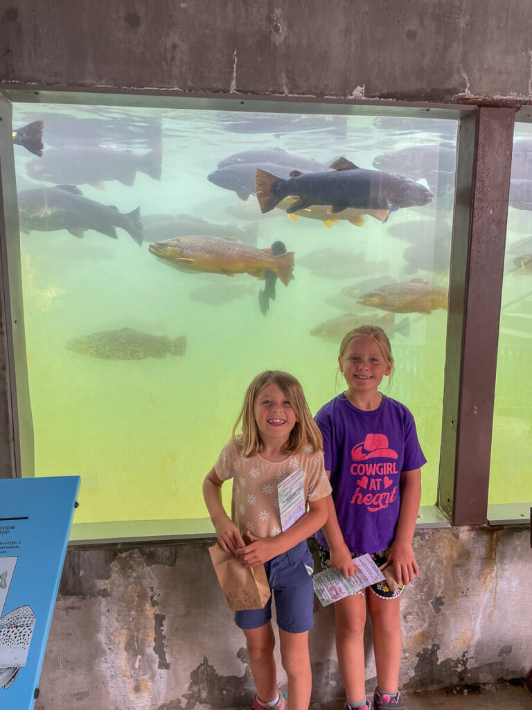 Two girls standing in front the tank in the underground viewing area at the DC Booth Historic National Fish Hatchery in Spearfish, South Dakota